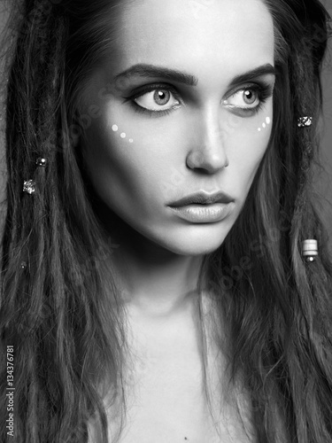 Fashion Black And White Portrait Of Beautiful Girl With Dreadlocks