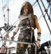 Mysterious pirate female standing on the deck of a ship with duel cutlasses in hand. 3d rendering