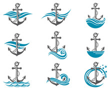 Collection Of Anchor Symbol With Sea Waves
