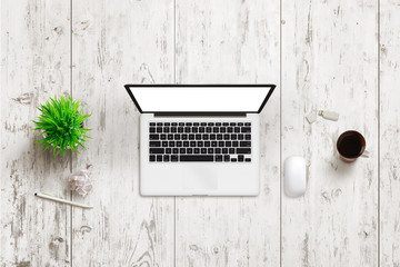 Poster - Top view of office desk. Work place with laptop, mouse, plant, coffee, paper, pencil. Table white wooden texture. Free space for text. Isolated screen for mockup, web or app presentation.