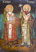 Bratislava, Slovakia, 2017/01/23. Byzantine Icon Of Saints Cyril And Methodius, The Two Brothers Who Were Byzantine Missionaries, The "Apostles To The Slavs". The Icon Is Found In A Private Chapel.