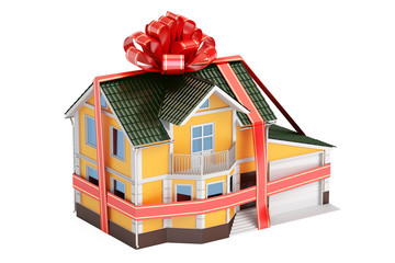 Poster - House gift. Mansion with ribbon and bow, 3D rendering