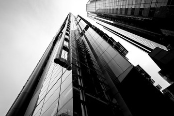 windows of commercial building in Hong Kong with B&W color
