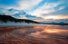 Grand Prismatic Spring At Sunset In Yellowstone National Park In Wyoming US