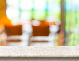 Poster - Empty marble table top with blurred cafe bokeh light as backgrou