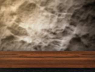 Poster - wooden plank table top at blurred rough stone wall,Template mock