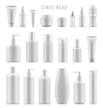 Set Vector Blank Templates Of Empty And Clean White Plastic Containers: Bottles With Spray, Dispenser And Dropper, Cream Jar, Tube. Realistic 3d Mock-up Of Cosmetic Package.
