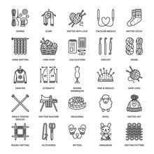 Knitting, Crochet, Hand Made Line Icons Set. Knitting Needle, Hook, Scarf, Socks, Pattern, Wool Skeins And Other DIY Equipment. Linear Signs Set, Logos With Editable Stroke For Yarn Or Tailor Store.
