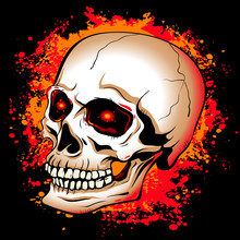 Skull With Glowing Red Eyes On A Background Of The Bright Spots  Paint