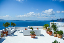 Comfortable Sofa On The Balcony With View Of Santorini