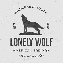 Wall Mural - Old wilderness label with wolf and typography elements. Vintage style wolf logo. Prints of howling wolf. Unique design for t-shirts. Hand drawn wolf insignia, rustic design. Vector Letterpress effect