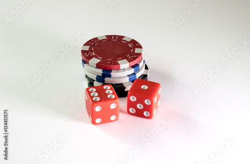 Gambling chips and dice on a white background Poster