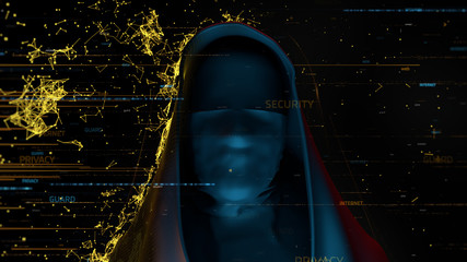 Poster - 3d render computer theme background. anonymous person with digital particles that strikes it and for