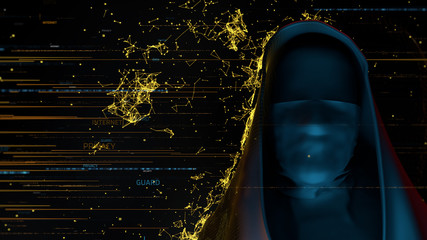 Poster - 3d render computer theme background. anonymous person with digital particles that strikes it and for