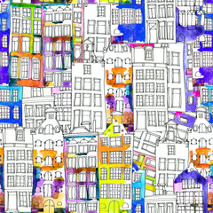  Seamless pattern eith watercolor Amsterdam houses