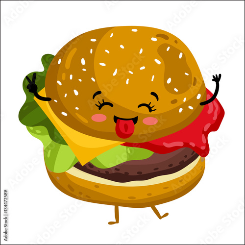 Cute Hamburger Cartoon Character Isolated On White Background Vector Illustration Funny Fast Food Restaurant Emoticon Face Icon Happy Smile Cartoon Face Food Comical Burger Animated Mascot Symbol Stock Vector Adobe Stock
