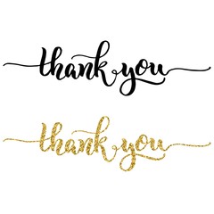 Hand lettering thank you, black ink and gold glitter effect, isolated on white background. Vector illustration. Modern calligraphy, can be used for card design.