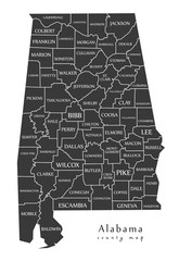 Modern Map - Alabama county map with labels USA illustration