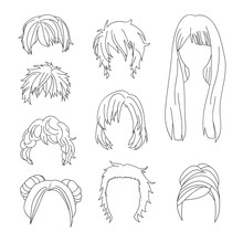 Collection Hairstyle For Man And Woman Hair Drawing Set 2. Vector Illustration Isolated On White Background