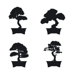Wall Mural - Bonsai set. Black silhouette of bonsai on white background. Japa