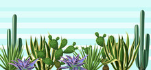 Background With Cactuses And Succulents Set. Plants Of Desert