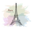 Hand drawn Eiffel Tower. Paris. Sketch tower with colofrul background. Vector illustration.