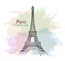 Hand Drawn Eiffel Tower. Paris. Sketch Tower With Colofrul Background. Vector Illustration.