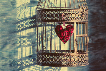 heart inside the bird cage. vintage background. love/romance concept.