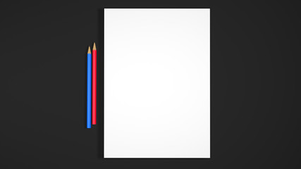 Poster - White A4 paper sheets with two pencils on black background. High resolution 3d render. Personal branding mockup template. Soft shadow.