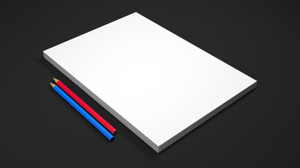Poster - White A4 paper sheets with two pencils on black background. High resolution 3d render. Personal branding mockup template. Soft shadow.