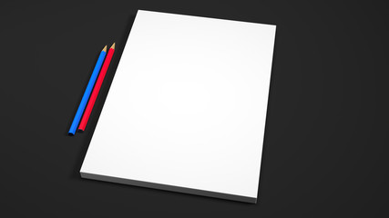 Poster - White A4 paper sheets with two pencils on black background. High resolution 3d render. Personal branding mockup template. Soft shadow.