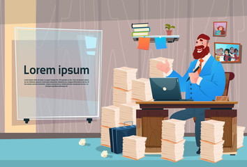 Poster - Business Man Sitting Desk Working Place Office Interior Workload Businessman Workplace Stacked Documents Flat Vector Illustration