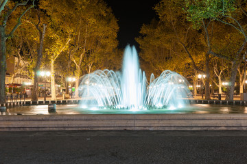 Sticker - Illuminated fountain and tree lined promenade long exposure night scene