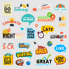 Wall Mural - Set of flat design business stickers. Isolated vector illustrations for business communication, social network, social media, web design, business presentation, marketing material.