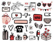 Valentines Day Set With Love Elements, Heart, Overlays, Speech Bubbles And Etc. Template For Stickers, Greeting Scrapbooking, Congratulations, Invitations, Planners.