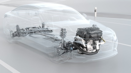 City car structure overview during driving. 3d illustration