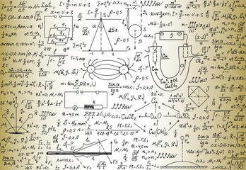 vector seamless endless mathematical texture with math and physical figures, plots and formulas, 