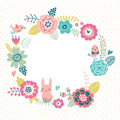Fototapete - Floral background. Wreath frame with cute birds and a hare. Flowers card