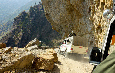 Dangerous mountain road in Himalayas, Nepal.