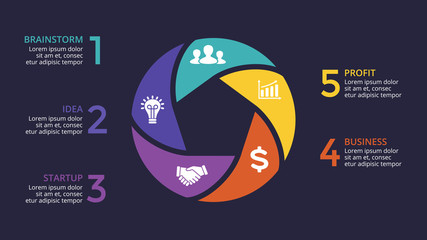 Wall Mural - Vector circle arrows infographic, cycle diagram, graph, presentation chart. Business concept with 5 options, parts, steps, processes. 16x9 slide template.