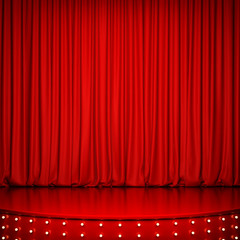 Wall Mural - Red glossy stage with lighting and red curtain. 3D rendering