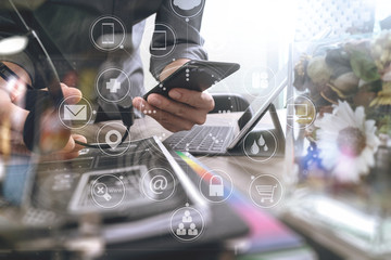 Aufkleber - Man using VOIP headset with digital tablet computer docking keyb