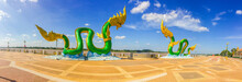 Amazing Naga Sculpture At Mekong Riverside Nearby Walking Street In Nongkhai, Thailand. Naga Is A Very Great Snake, Specifically The King Cobra, Found In The Indian Religions Of Hinduism And Buddhism.
