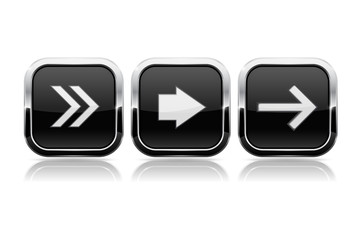 Black button NEXT set. Square shiny 3d icons with chrome frame