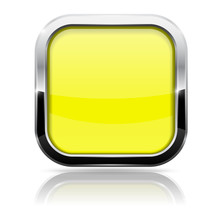 Square Button. Yellow Web Icon With Metal Frame