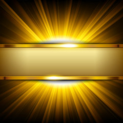 Metallic gold banner with text space on yellow light illuminated vector illustration