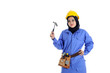 © MohdJohari - Construction worker wear yellow safety helmet in action while holding a hammer