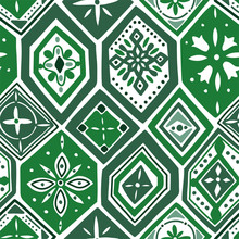 Gorgeous Seamless Pattern With Green Tiles, Ornaments.