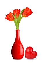 Bouquet Of Red Tulips In Vase With Heart Isolated On White Background. 