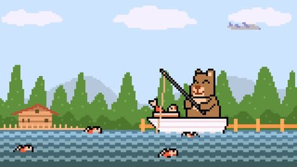 Wall Mural - pixel art bear fishing